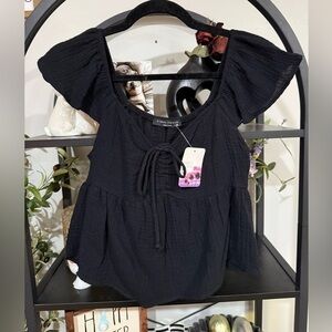 Final Touch Black Puff Sleeve Tie Front Blouse size small